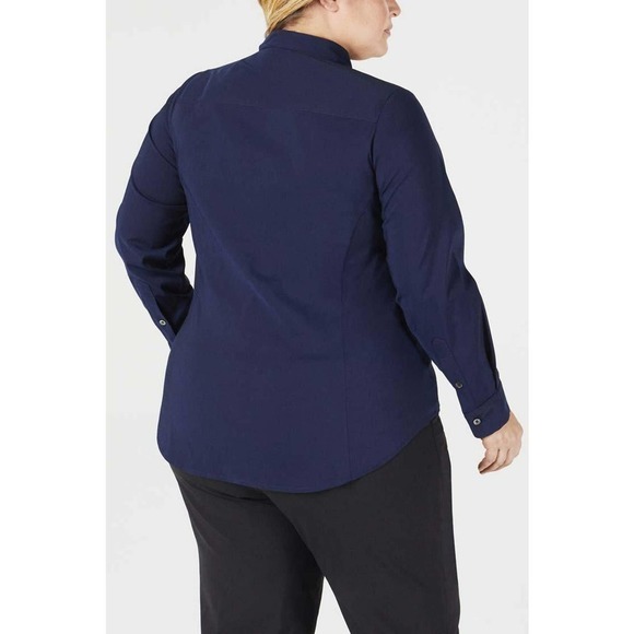 Pari Passu Mandarin Collar Button Up Shirt Fit B: "Curvier Body Type" Navy - Picture 2 of 8